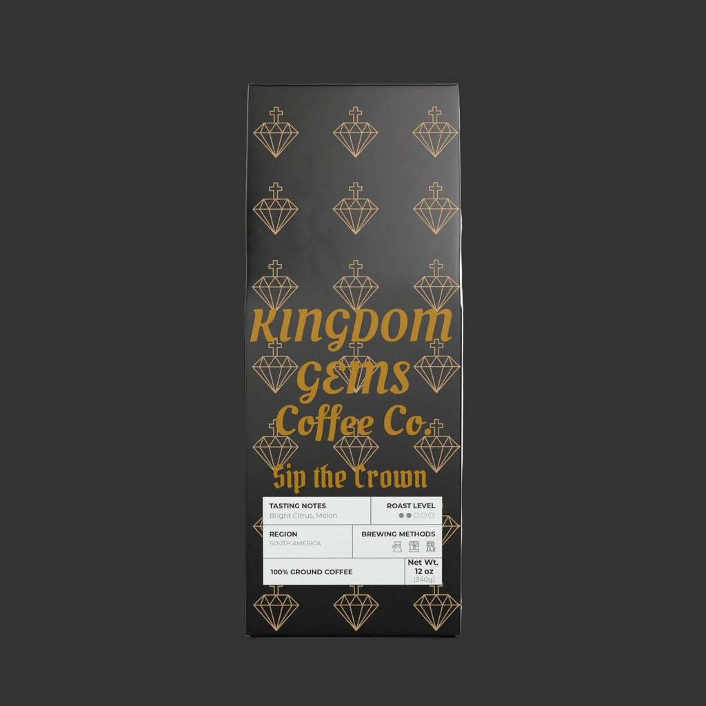 Kingdom Gems Coffee- Sip the Crown. Premium Colombia Single Origin Coffee (Light-Medium Roast) for a smooth, bright cup with notes of caramel, citrus, and cocoa. Small-batch roasted for freshness and flavor worthy of royalty.